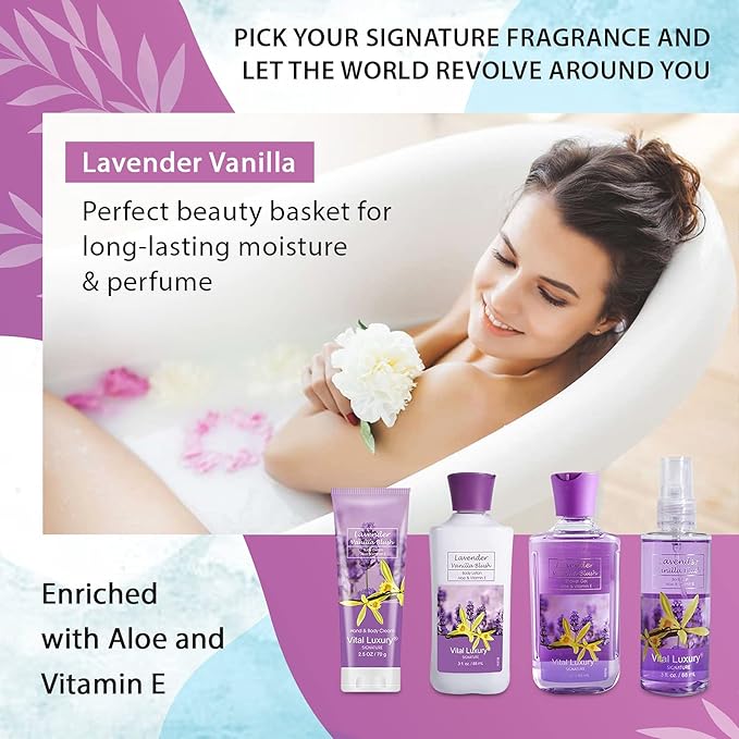 Bath & Body Travel Kit - Lavender Vanilla Blush Fragrance Mist, Body Lotion, Shower Gel, and Body Cream - Ideal 3 Fl Oz Skincare Gift Set for Home Spa