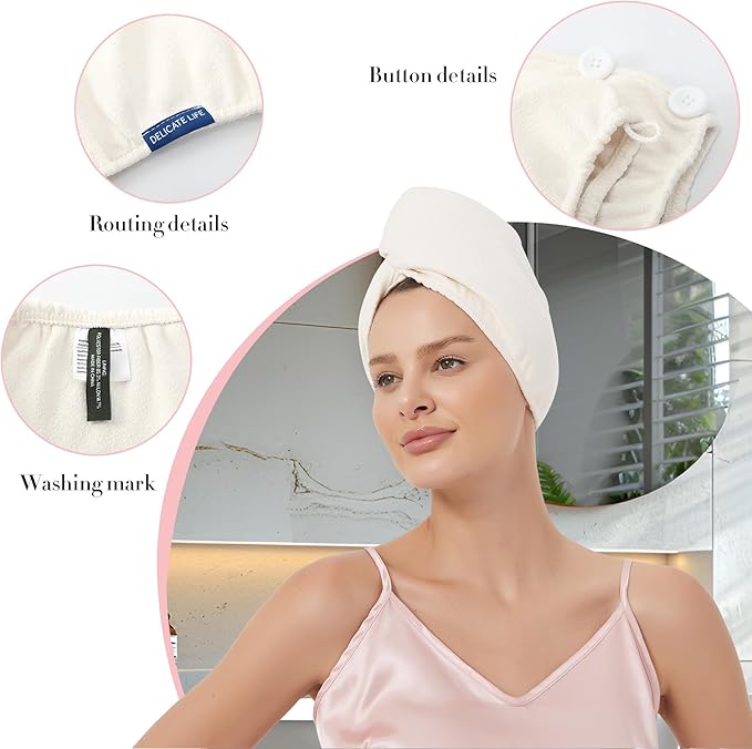 Hair Towel Wrap 2 Pack for Women,Super Absorbent Ant Cloth Fabric Hair Drying Turban Towel, Quick Dry Hair Towels with Buttons for Long Wet Curly Hair(Cream)