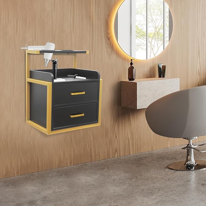 Salon Cabinet, Salon Storage Organizer with 2 Drawers, 110.23Lbs Load Capacity Salon Wall Cabinet, Hanging Styling Station Equipment for Spa, Barber Store, Locker Room, Bathroom (Gold＋Black)