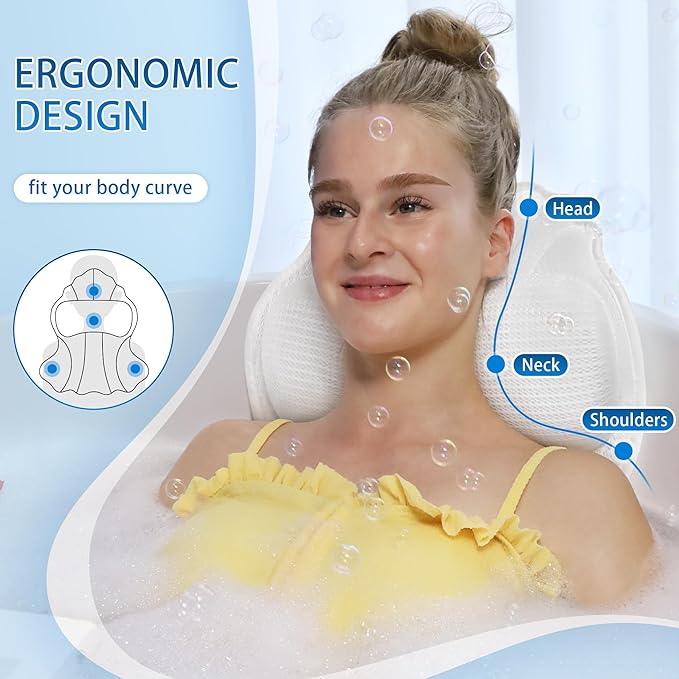 Poemland Bath Pillow for Tub, Luxury Bath Pillow Soft 4d Mesh, Bathtub Pillow for Soaking tub with 6 suctions Cups, Bath Tub Pillows for Head and Neck Support, for Relaxing Spa