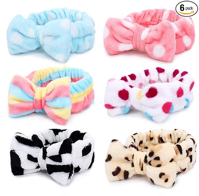 Casoty 6 Pcs Spa Soft Coral Fleece Bow-Style Headbands for Makeup, Face Washing, Shower, Skin Care, and Yoga