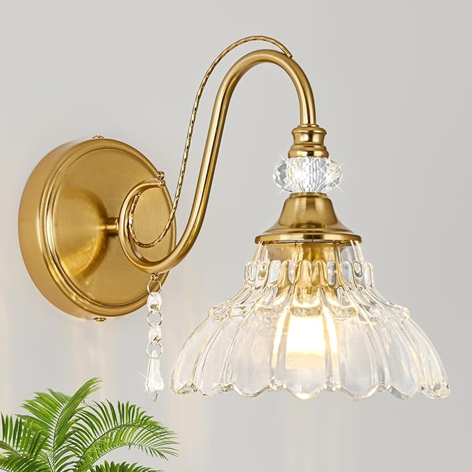 1 Piece Vintage Wall Sconce, 1-Light Brushed Gold Finish Wall Sconce with Hanging Crystal Accents and Flower-Shaped Clear Shades for Bathroom Bedroom Living Room,Vintage Vanity Light