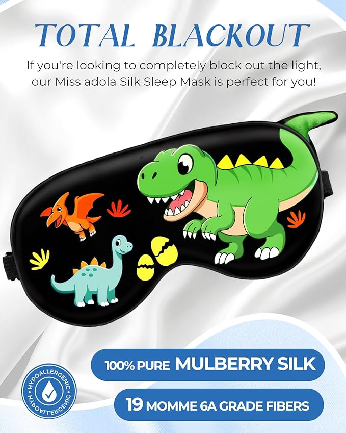 Miss Adola Sleep Mask for Kids - Valentines Gift for Kids Cute Silk Eye Cover for Sleeping Soft Kawaii Eyeshade Animal Eye Blindfold with Adjustable Strap for Boys Teens, Dinosaur