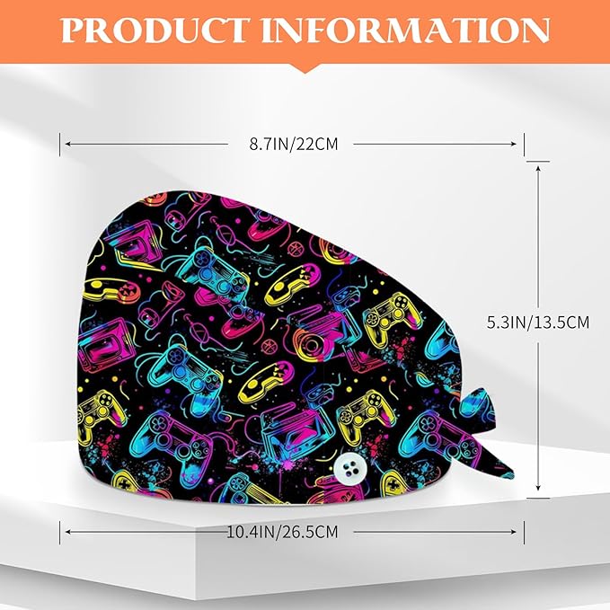 Adjustable Scrub Cap with Buttons & Sweatband, Working Hat with Elastic Tie Back, Unisex Nurse Surgical Caps for Women & Men