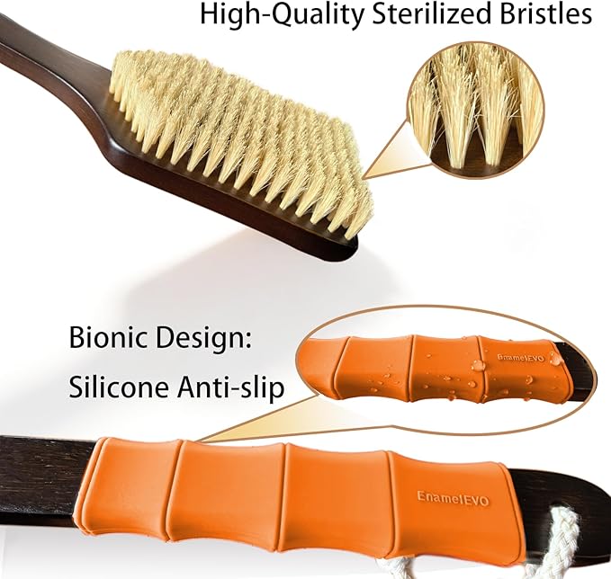 Back Scrubber Shower Brush,Dry Brushing Body Brush with 17.7 Inch Curved Long Handle, Natural Bristles for Lymphatic Drainage, Soft & Stiff Bristles Available (Orange Handle, Medium)