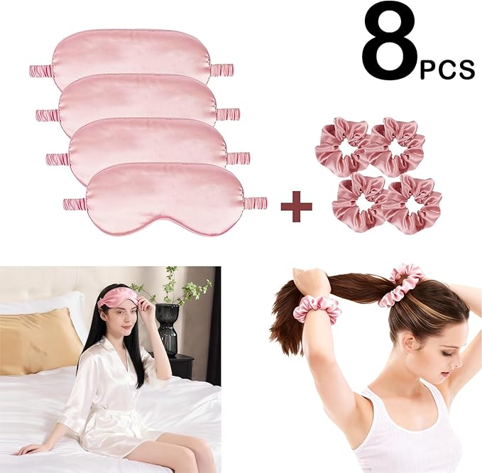 Satin Eye Mask 8Pcs Silk Sleep Masks Silky Blindfold Eyeshade Blackout Eyes Cover Scrunchies Hair Ties Travel Wedding Gifts