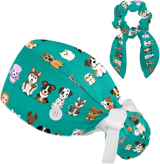 Ethnic Aztec Pattern Adjustable Scrub Cap Hat with Button, Working Hat Sweatband with Bow Hair Scrunchy for Woman