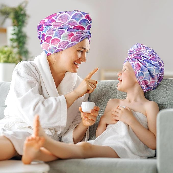 MADHOLLY Fast Drying Microfiber Hair Towel for Kids Women - 2 Packs Soft Super Absorbent Hair Towel Wrap with Button, Anti-Frizz Turban for Thicker Curly Long Hair, Mermaid Pattern Gift for Girls