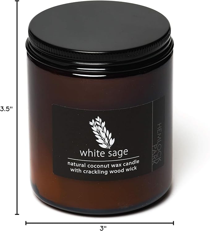 Hemlock Park White Sage Apothecary Hand-Poured Scented Candle | Crackling Wood Wick, Botanical Fragrance & Coconut Wax | Up to 60 Hour Burn Time | 8 oz