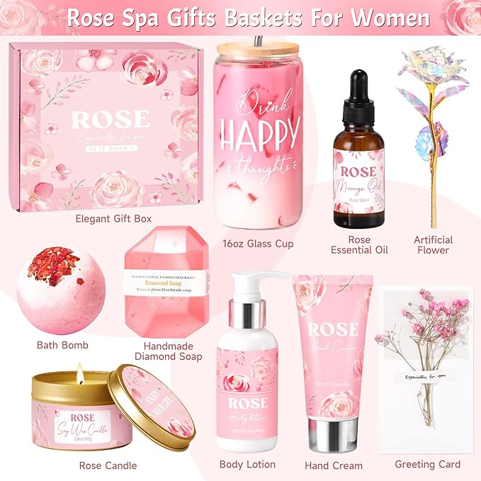 Mothers Day Gifts for Mom, Birthday Gifts for Women, Rose Relaxing Spa Gift Basket for Women Friendship, Self Care Package Get Well Soon Thank You Gift Box for Her Sister Wife Best Friends Bestie