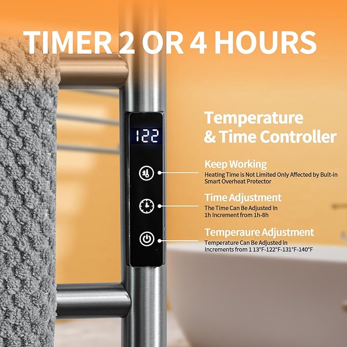 Heated Towel Racks,4 Bars Towel Warmer Rack for Bathroom, Wall Mounted Electric Towel Warmer with Timer, Plug-in/Hardwired Towel Dryer Rack Chrome