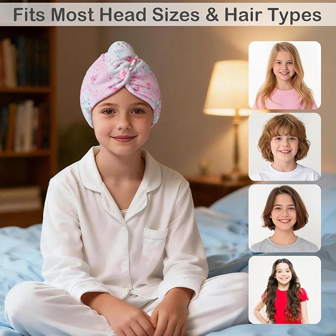 2 Pack Microfiber Hair Towel Wrap for Girls, Quick Dry Hair Turban for Kids, Absorbent Frizz-Free Hair Drying Towel with Button for Long Thick Curly Hair, Pink Flowers