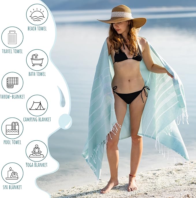 Ray Silver Turkish Beach Towel – 100% Cotton 40x71 Quick Dry Oversized Sand Free Lightweight Blanket for Travel Camping Bath Sauna Pool Gym Yoga (1pc - S-Turquoise)