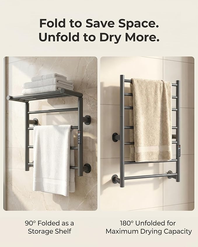 Foldable Heated Towel Rack, Dual-Zone Electric Towel Warmer Rack with Timer, GFCI Plug-in or Hardwired, Wall-Mounted, Drill-Free Installation, Twilight Grey, CA3-700X550-Standard-TG