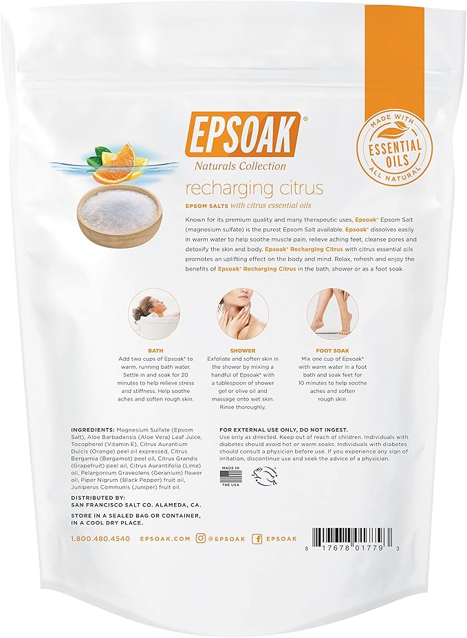 Epsoak Epsom Salt 2 lb. USP Magnesium Sulfate with Citrus Scent Resealable Epsom Salt Bag, Made in The USA, Cruelty-Free Certified