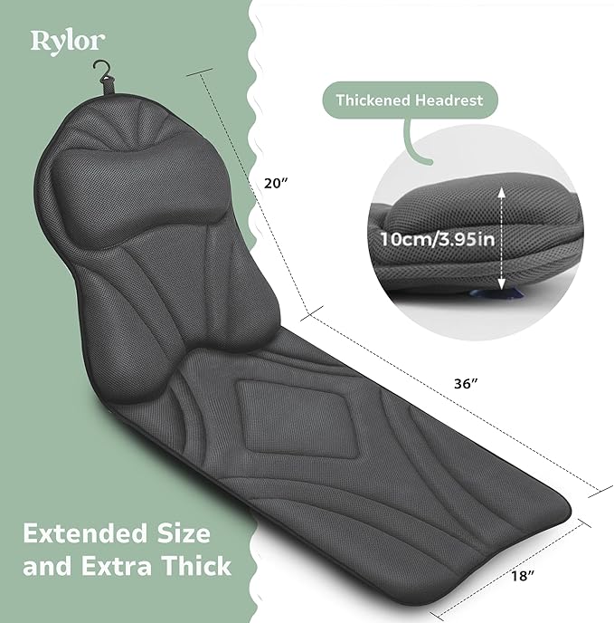 Rylor Full Body Bath Pillow – Luxury Cushion for Bathtub | Extra Large & Thick | Premium Packaging - Head, Neck, Shoulder & Back Support – Quick-Dry, Mold Resistant – for Women & Men (Gray)
