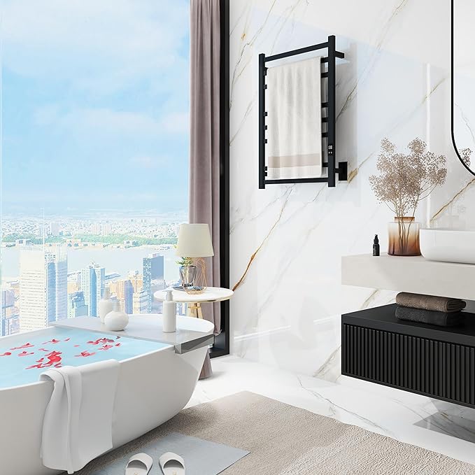 8-Bar Electric Heated Towel Warmer, Fast Heating with Auto Shut-Off Timer, Matte Black Finish, Wall-Mounted Spa Towel Heater, Hardwired or Plug-in Options
