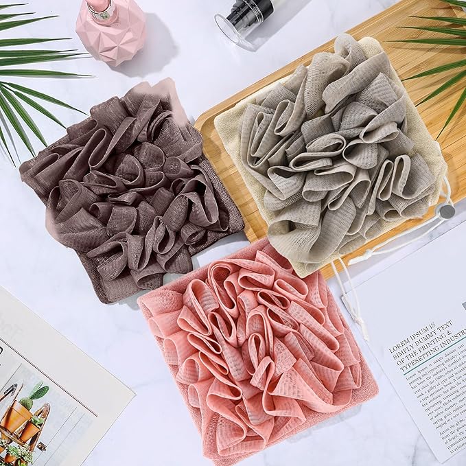 3 Pcs Washcloth Loofah Combo, 2 in 1 Bath Loofah Sponge with Drawstring, Exfoliation Mesh Shower Puff Ball for Body Wash Cleansing and Smooth Skin (Grey Coffee Pink)