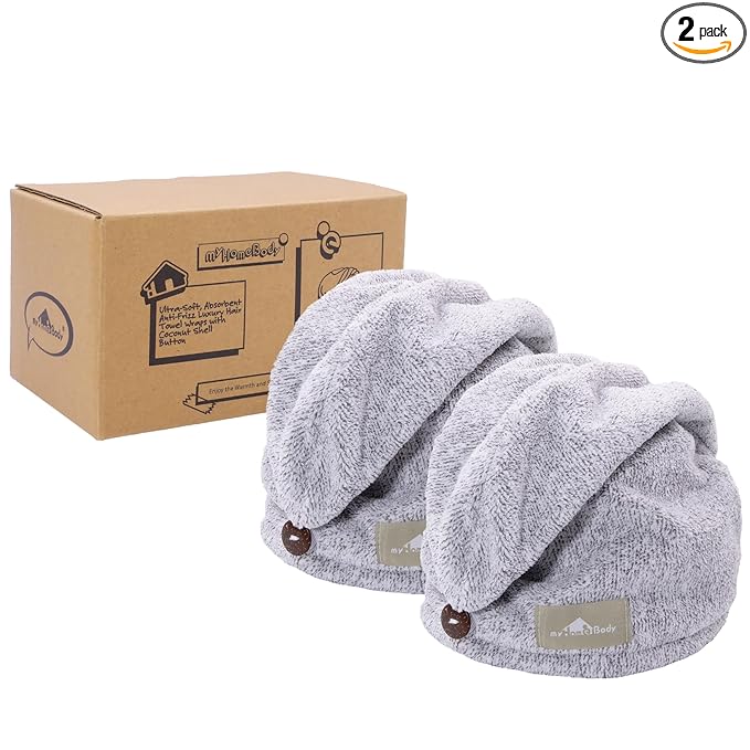 myHomeBody Hair Towel Wrap, Luxury Quick Drying Turban, Ultra Soft Absorbent Charcoal Fiber Cap, with Coconut Shell Button – 2 Pack