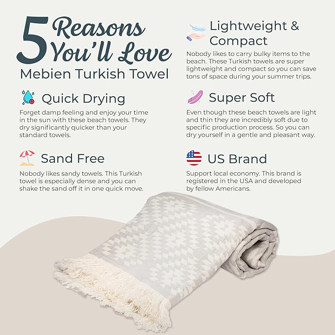 Premium 100% Cotton Turkish Towel – Vintage Light Grey, 35”x 67” – Quick Dry Beach Towel, Sand-Free, Lightweight – Ideal for Pool, Travel, and Everyday Use - Beach Accessories Must Haves