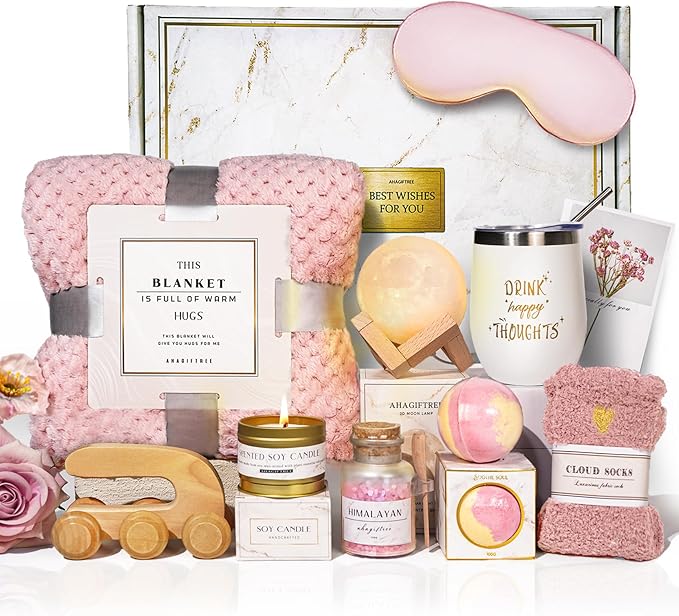 AHAGIFTREE Birthday Gifts,self Care,11PC Care Package with Moon Lamp,Get Well Soon Gift Baskets for Women After Surgery,Condolences Gift Basket for Loss,Sympathy Baskets for Friend,mom (Pink)
