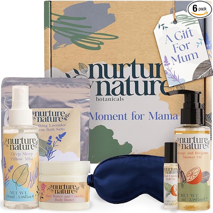 Nurture by Nature New Mom Self Care Gift Set with Body Scrub, Lavender Pillow Spray, Sleep Mask, Body Butter, Shower Gel & Bath Salts - Vegan Friendly - Stocking Stuffer, Baby Shower Gift Basket