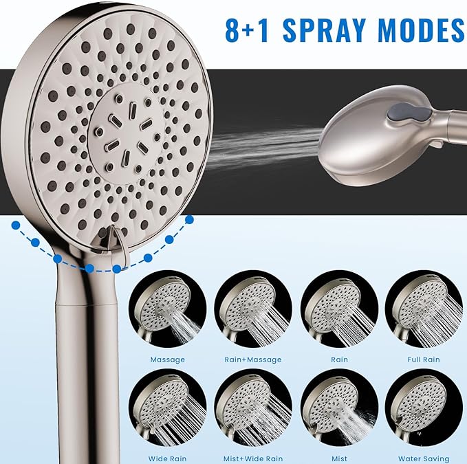 Ryamen Filtered Shower Head with Handheld, High Pressure 9-Spray Modes Detachable Shower Head with Filter for Hard Water-Remove Chlorine & Impurities, 2 Filters, Brushed Nickel