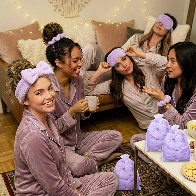 Mimorou 48 Pieces Spa Party Supplies Gift for Mother's Day 12 Spa Headband 12 Plush Sleep Eye Mask 12 Velvet Scrunchies 12 Organza Bags for Sleepover Slumber Party Graduation Gift(Purple)