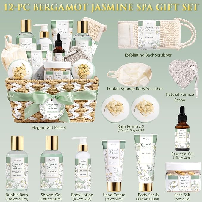 Mothers Day Birthday Gifts for Women, Bergamot Jasmine Relaxing Spa Gift Baskets for Women Self Care Package Bath Gift Set, Home Bath and Body Kit Pampering Gifts for Womens Her Mom Friend Sister Wife