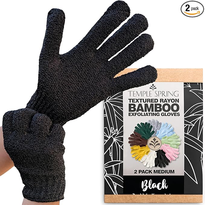 Temple Spring Shower Gloves Exfoliating for Women – Natural Textured Rayon Bamboo Exfoliating Glove with Thicker Weave for Deep Cleansing, Dead Skin Removal & Smooth Radiant Skin (1 Pair, Black)