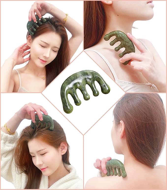 Meridian Massage Comb for Face & Scalp, Natural Stone, Stimulates Blood Circulation, Promotes Meridian Flow, Multi-Purpose Head Massager for Relaxation & Wellness (Jade-Green_Comb)