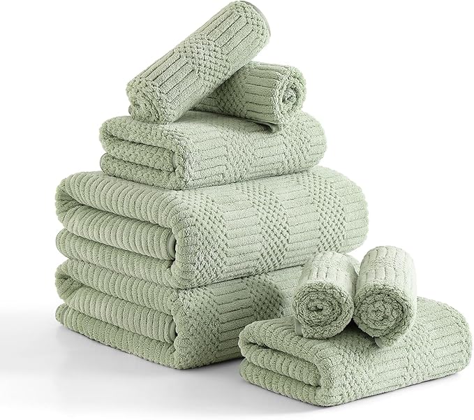 8 Piece Sage Green Bath Towels Set,2 Oversized Large Bath Sheets,2 Hand Towels and 4 Washcloths,600 GSM Soft Fluffy Luxury Towel Set,Highly Absorbent Quick Dry Towel Collection for Bathroom,Home,Hotel