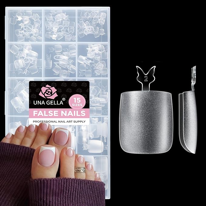 UNA GELLA Square Toe Nail Tips 216Pcs 15Sizes Full Cover Long Wider Toe Nail Tips Soft Gel Pre-etched Double Matte Fake Toe Nails Press Ons For Big Toe Nail Extensions Home DIY Nail Salon Soak Off