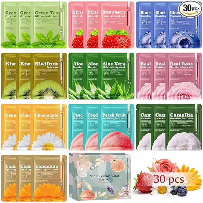 Aottom 30pcs Face Masks Skincare, Bulk Facial Masks for Women Skin Care, Sheet Masks with Natural Ingredients, Gifts Set for Face Spa, Birthday Party Spa Gift