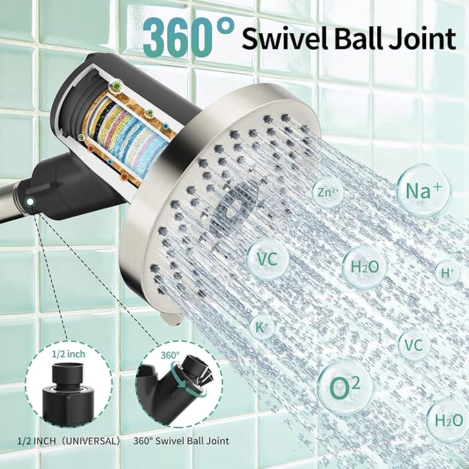 SR SUN RISE Filtered Shower Head - High Pressure Rain Shower Head with 20-Stage Filter,6 Spray Modes for Hard Water Softener, Remove Chlorine & Heavy Metals (Brushed Nickel, 5.6 Inch Round)