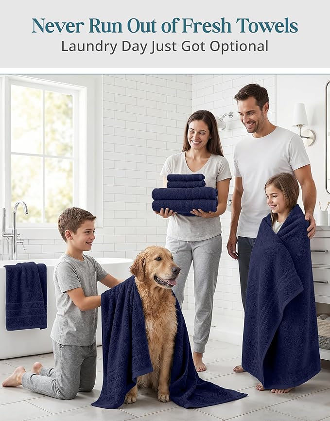 Casa Platino Luxury Cotton Bath Towel Set - 12 PCs - Low Twist, Soft & High Absorbency - 4 Bath, 4 Wash Cloth, 4 Hand Towels - Classic Hotel Quality, Durable & Ideal for Modern Bathrooms - Navy Blue