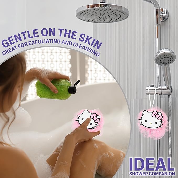 Hello Kitty Sanrio Shower Accessories Set, Kawaii Toiletry Bag with Shower Cap Headband Bath Sponge, Gifts for Girls, Teens, Women (Pink Hello Kitty)