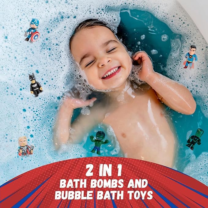 Superhero Bath Bombs for Kids with Surprise Toys Inside (6 Pack) - Large Bubble Bomb Fizzies for Boys, Girls, & Toddlers - Boys Easter Basket Stuffers and Gift, Fruity Scents, USA Made by Two Sisters