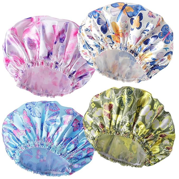4 PCS Shower Cap for Women, Elastic and Reusable Bath Caps, Double Layers Shower Caps Reusable Waterproof, Bathing Shower Caps, Environmental Bath Hair Protection Cap - Butterfly C