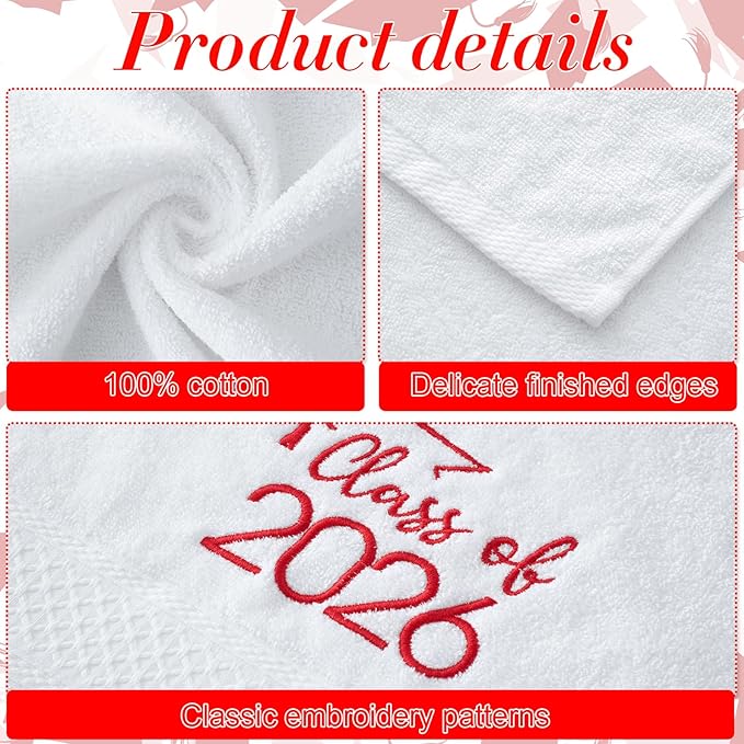 MASHAN Class of 2026 Graduation Hand Towels 3 Pack,100% Cotton Soft Absorbent Bathroom Towels,Senior 2026 Graduation Gift for Girls Boys,Red Decorative Towels 14x30 Inch