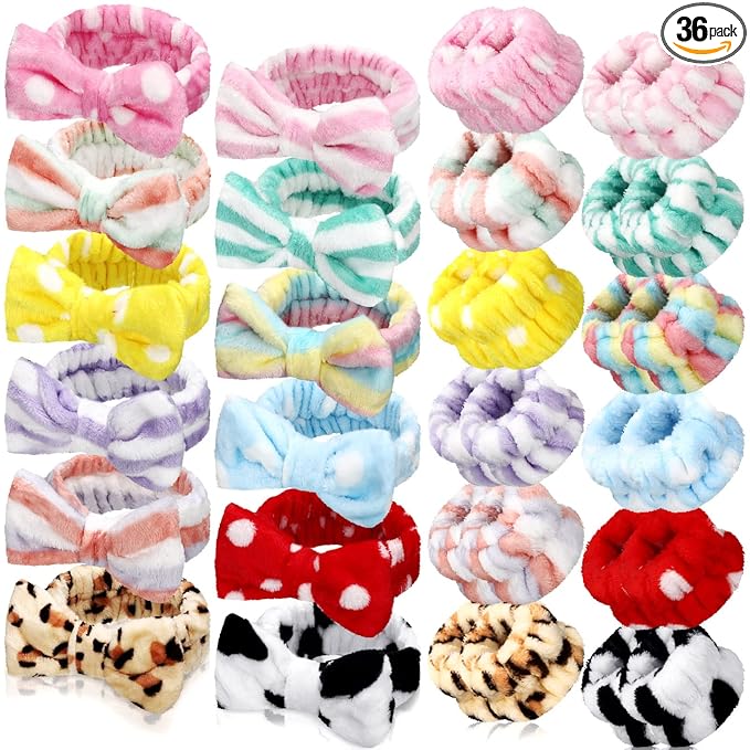 Janmini 36 Pcs Spa Headband and Wristbands Set for Washing Face Facial Spa Hair Wraps Makeup Skincare Bath Winter Gifts 12 Pcs Flannel Hairbands 24 Wristbands for Women Girls(Dot Stripe Leopard)