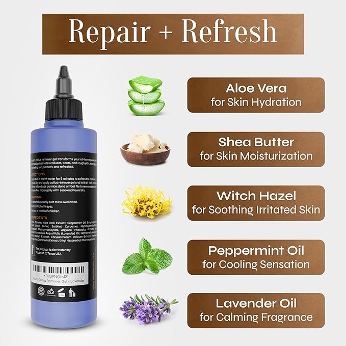Facón Professional Callus Remover Gel for Feet with Aloe Vera, Shea Butter, Peppermint & Witch Hazel, Lavender Scent Callus Softener, Home Pedicure Foot Spa, Removes Cracked & Dead Dry Skin, 10 fl oz