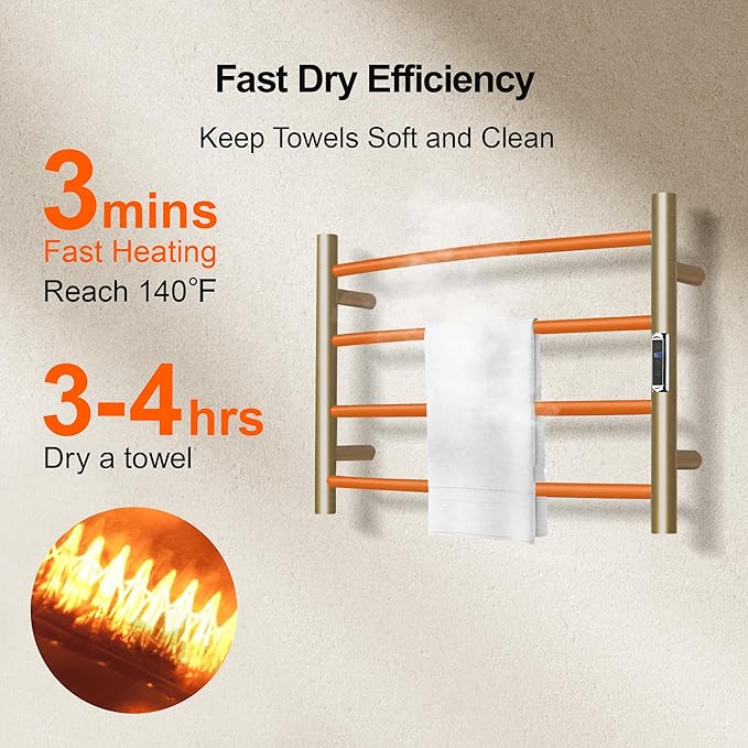 Towel Warmer Bathroom Wall Mounted Drying Rack Plug-in Electric Heated Towel Rack Stainless Steel Gold with Timer & Temperature Control 4 Bar