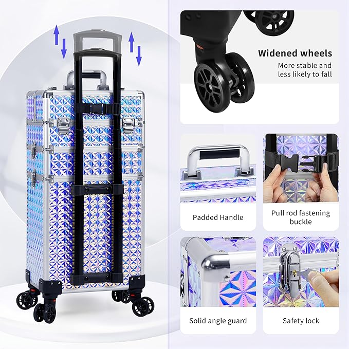 3 in 1 Rolling Makeup Train Case Professional Large Cosmetic Trolley Cosmetology Case on Wheels Traveling Cart Trunk for Hairstylist Artist Nail Beauty Salon Barber, Silver