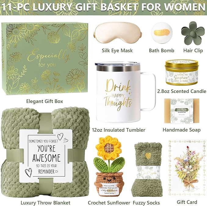Birthday Gifts for Women Self Care Get Well Soon Gift Baskets, Spa Care Package Thinking of You Gift Set, Sympathy Inspirational Sunflower Mothers Day Easter Gifts for Women Her Mom Friend Sister Wife