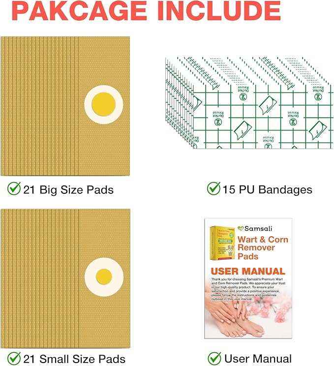 Samsali Wart Corn Remover Pads for Feet: 42 Pack Salicylic Acid Extra Strength Bandages for Plantar Warts Corns Small Callus on Feet Hands Toes - Safe Effective Treatment for Adults Teens