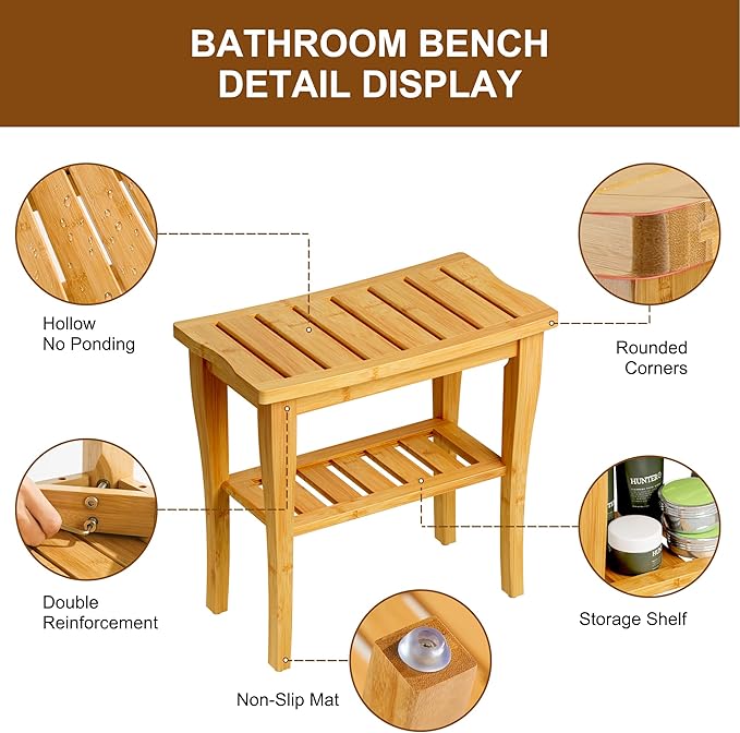 Greenual Bamboo Shower Bench 2-Tier Spa Shower Stool for Inside Shower with Storage Shelf and Non-Slip Feet Shower Chair Seat Organizer for Bathroom or Living Room