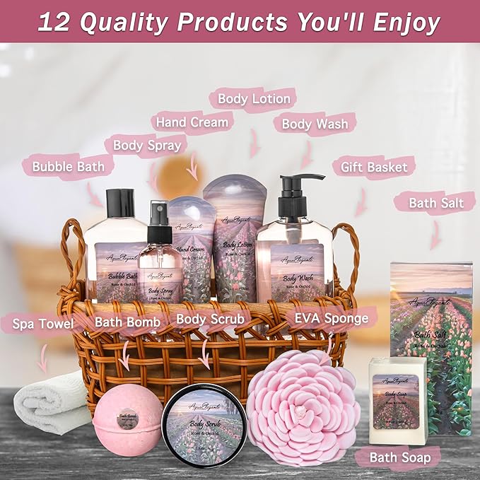 Aqua Elegante Spa Basket For Women - Deluxe Bath Set with Wash, Bubble Bath, Lotion, Salts, Body Scrub, Towel, Shower Puff, Bathbombs, Reusable Basket, Gifts for Mom, Wife, Her - Rose Oil & Orchid
