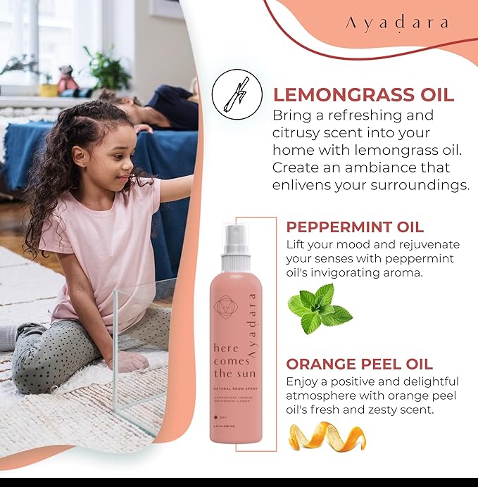 Ayadara Natural Room Spray, 4 oz, Aromatherapy for Room, Fragrance Spray and Home/Linen Deodorizer Mist, All Natural Spray Air Freshener with Lemongrass and Peppermint Oil, 1000 Sprays