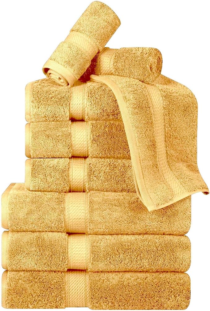 Superior Egyptian Cotton Pile 9-Piece Towel Set, Includes 3 Bath, 3 Hand, 3 Face Towel/Washcloth, Heavyweight, Ultra Soft Luxury Towels, Thick Plush Essentials, Guest Bath, Spa, Hotel Bathroom, Gold